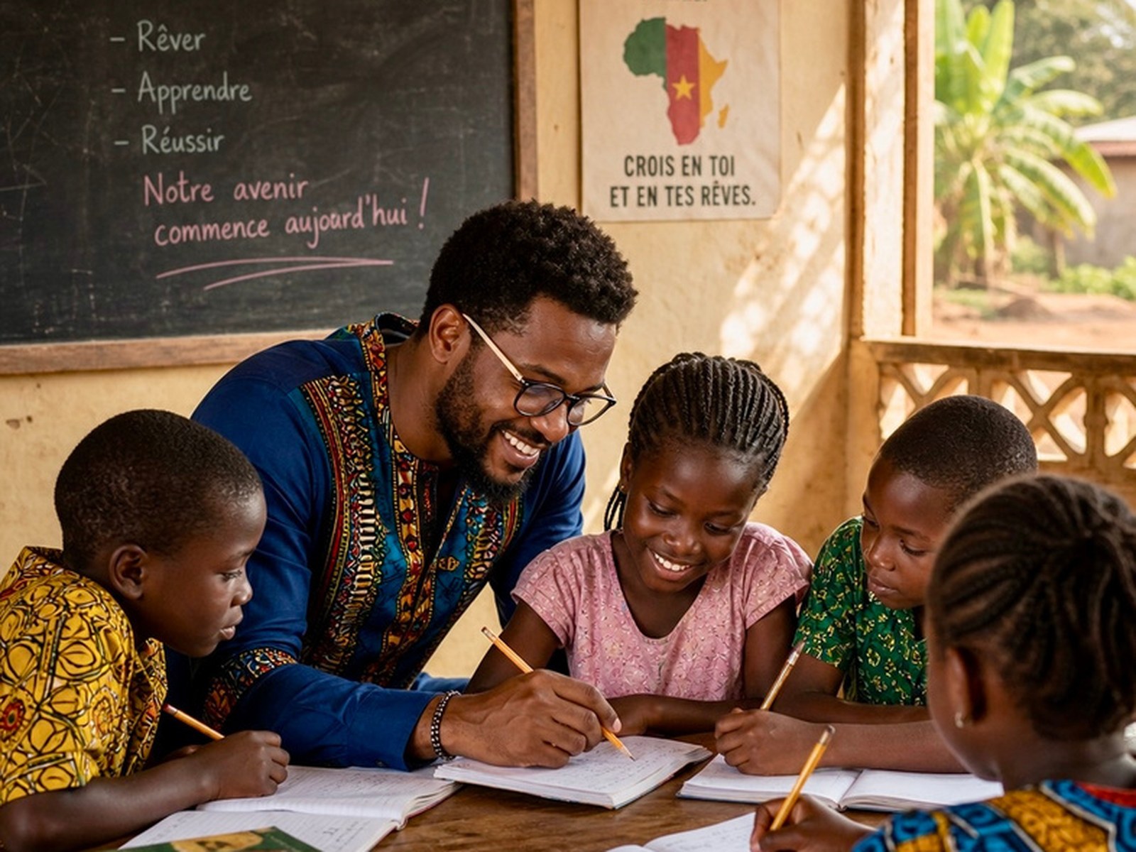 Bénévole avec des élèves au Cameroun